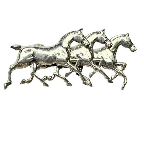 Sterling Silver Horses Brooch, Trio Stallions Pin - Picture 8 of 8